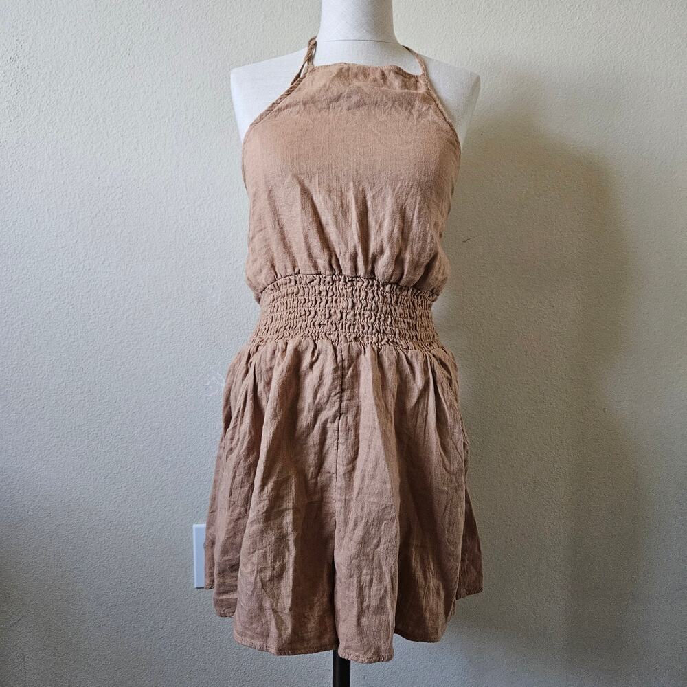 NWTs American Eagle AE Linen Blend Halter Romper Brown Medium